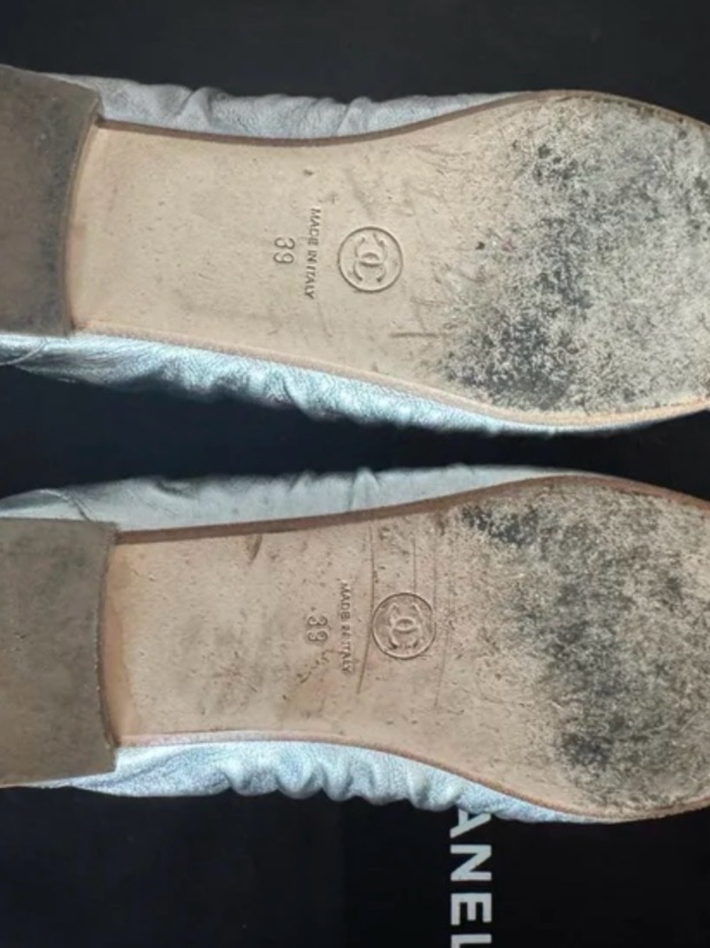 CHANEL Silver Metallic Leather Ballet Flats with CC Toe - Picture 2 of 4